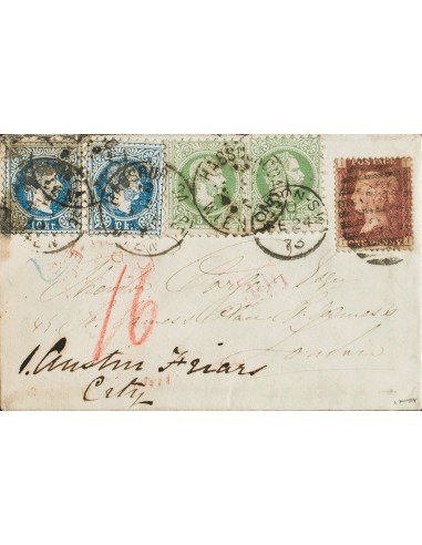 Austria. Sobre Yv 33(2), 36(2). 1873. 3 k verde, dos sellos y 10 k azul, dos sellos. VIENA a LONDRES, reexpedida a AUSTIN FRIA
