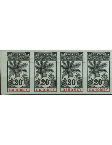 Dahomey. (*)Yv 23a(4). 1906. 20 cts negro sobre azul-gris, tira de cuatro. SIN DENTAR. MAGNIFICA. Yvert 2013: 440 Euros.