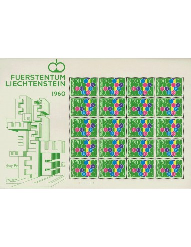 Liechtenstein. **Yv 355(20). 1960. 50 cts multicolor, minihoja de veinte sellos. MAGNIFICA Y RARA. Yvert 2016: 2.400 Euros.