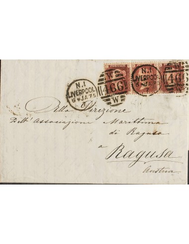 Gran Bretaña. Sobre Yv 26(3). 1875. 1 p rojo carmín Plancha 145, tres sellos. LIVERPOOL a RAGUSA (AUSTRIA). Matasello dúplex N