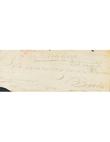 Colombia, Prefilatelia. Sobre . 1838. Frente de Plica Judicial Certificada de MEDELLIN a BOGOTA. Manuscrito "Certificación a M