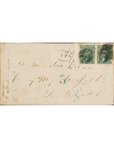Estados Unidos. Sobre Yv 22(2). 1869. 10 ctvos verde, pareja. Dirigida a SANTIAGO DE CEIBA (CUBA). En el frente marca NA, en a