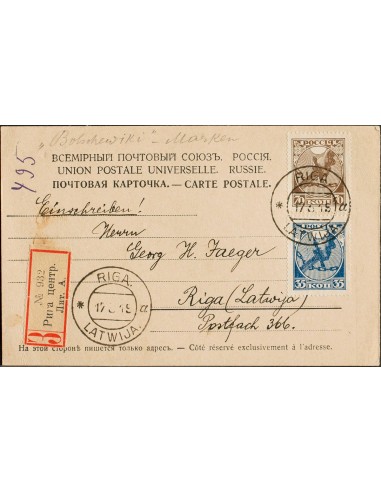 Letonia. Sobre Yv Rusia 137/38. 1919. 35 k azul y 70 k castaño de Rusia. Tarjeta Postal Certificada Interior de RIGA. MAGNIFIC