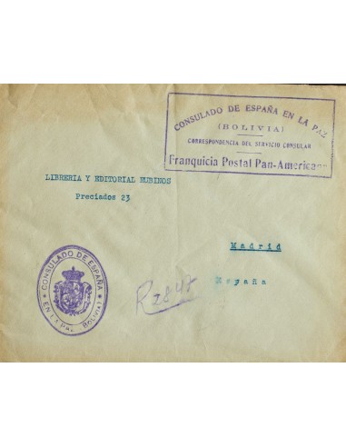 Bolivia. Sobre Yv . 1926. Certificado de LA PAZ (BOLIVIA) a MADRID. Marca de franquicia CONSULADO DE ESPAÑA EN LA PAZ / (BOLIV