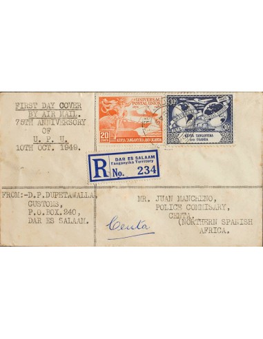 Kenia, Uganda y Tanganica. Sobre Yv 77, 78. 1949. 20 cts naranja y 30 cts azul. Certificado de DAR ES SALAM a CEUTA. Al dorso