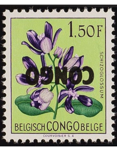 Congo (República Democrática). **Yv 389. 1960. 1´50 f multicolor. SOBRECARGA INVERTIDA. MAGNIFICO. (COB 389a)