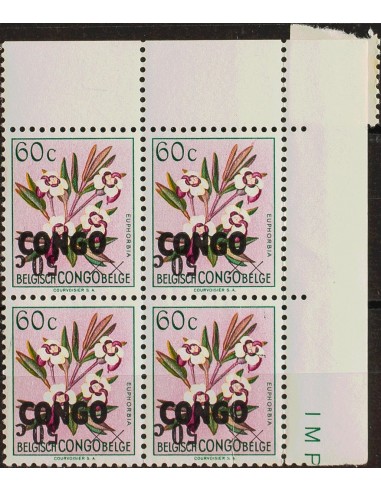 Congo (República Democrática). **Yv 386(4). 1960. 50 cts sobre 60 cts multicolor, bloque de cuatro. Variedad SOBRECARGA 50 C,