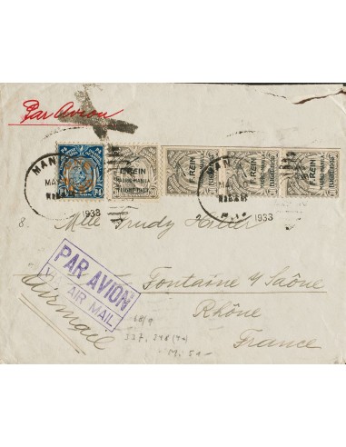 Filipinas, Aéreo. Sobre Yv 31K(4), 241. 1933. 1 peso sobre 4 pesos azul y 30 cts gris, tira de tres y un sello. Correo Aéreo d