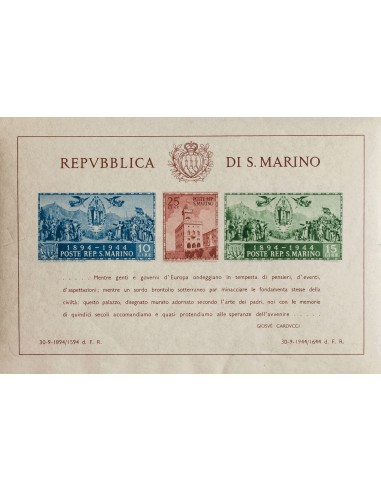 San Marino, Hoja Bloque. **Yv 4. 1945. Hoja bloque. SIN DENTAR. MAGNIFICA. (Sassone 7, 162´50 Euros) Yvert 2016: 150 Euros.
