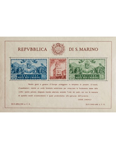 San Marino, Hoja Bloque. **Yv 4. 1945. Hoja bloque. MAGNIFICA. (Sassone 6, 162´50 Euros) Yvert 2016: 150 Euros.