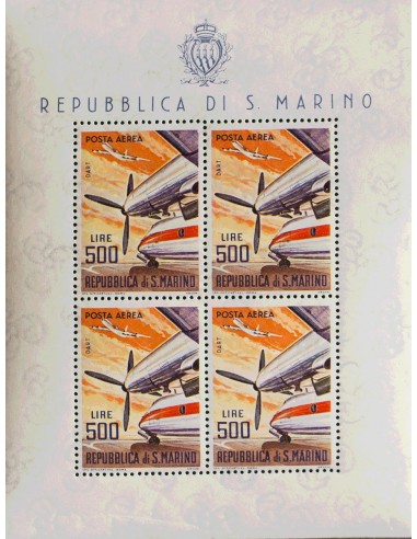 San Marino, Aéreo. **Yv 137(4). 1965. 500 l multicolor, hoja de cuatro sellos. MAGNIFICA. (Sassone 26)