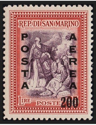 San Marino, Aéreo. **Yv 67. 1948. 200 liras sobre 25 liras rojo. MAGNIFICO. Yvert 2016: 60 Euros.