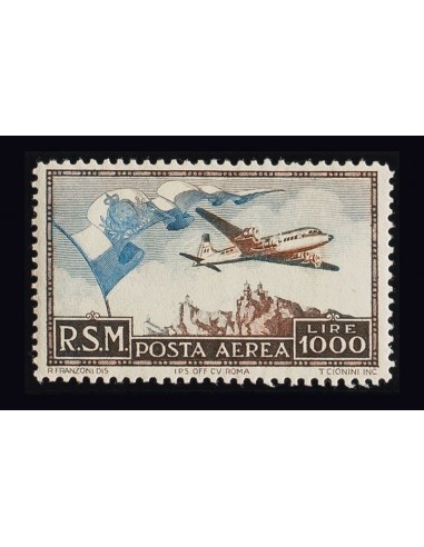 San Marino, Aéreo. **Yv 88. 1951. 1000 liras multicolor. MAGNIFICO. Yvert 2016: 700 Euros.