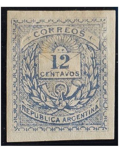 Argentina. *Yv 12. 1882. 12 ctvos ultramar (manchita del tiempo). SIN DENTAR. BONITO Y RARO.