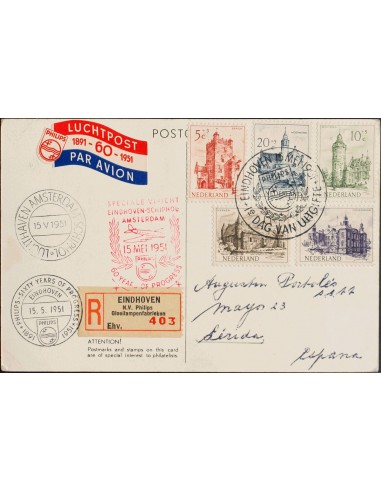 Holanda. Sobre Yv 554/58. 1951. Serie completa. Tarjeta Postal Certificada de EINDHOVEN a LERIDA. En el frente marca SPECIALE