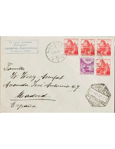 Suiza. Sobre Yv 312(4), 291. 1936. 20 cts rojo, cuatro sellos y 10 cts lila. LOCARNO a MADRID. En el frente marca 1º VOLO POST