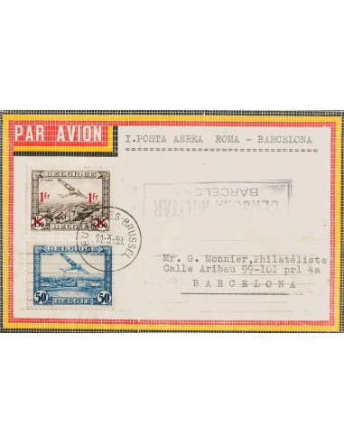 Bélgica, Aéreo. Sobre Yv 1, 6. 1939. 50 cts azul y 1 f sobre 1´50 f castaño negro. Correo Aéreo de BRUSELAS a BARCELONA. Trans