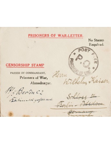 India Británica, Correo de Campaña / Militar. Sobre . 1915. Sobre de "Prisioneros de Guerra" de AHMEDNAGAR a BERLIN (ALEMANIA)