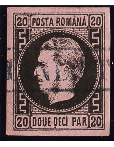 Rumanía. ºYv 16. 1866. 20 p negro sobre rosa. Matasello lineal, en azul. MAGNIFICO.