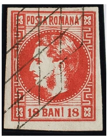 Rumanía. ºYv 20. 1868. 18 b rojo. Matasello REJILLA. MAGNIFICO.