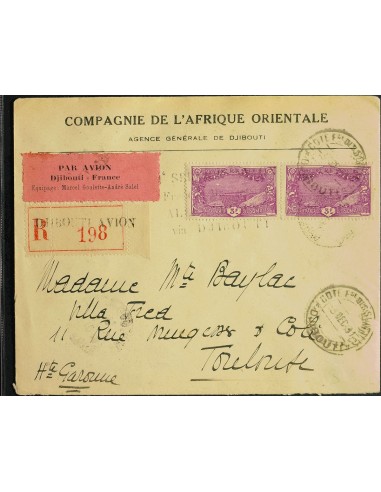 Costa de Somalia. Sobre Yv 136(2). 1931. 3 f violeta lila, dos sellos. Certificado de DJIBOUTI a TOLOUSE. Marca del 1º Vuelo y