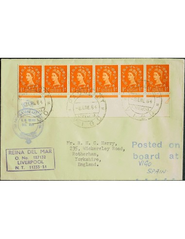 Gran Bretaña. Sobre Yv 262(6). 1964. ½ p naranja, seis sellos. VIGO a ROTHERHAM (INGLATERRA). Matasello PAQUEBOT / VIGO y THE