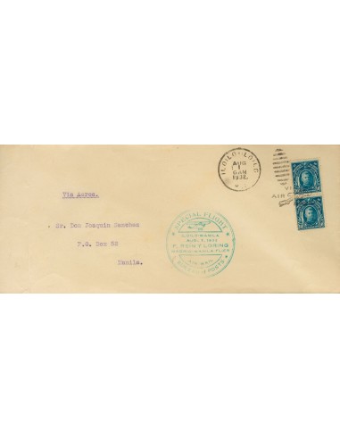 Filipinas. Sobre Yv 208(2). 1932. 10 ctvos azul, dos sellos. ILOILO a MANILA. En el frente marca SPECIAL FLIGHT / ILOILO-MANIL