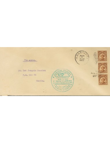 Filipinas. Sobre Yv 207(3). 1932. 8 ctvos castaño, tres sellos. ILOILO a MANILA. En el frente marca SPECIAL FLIGHT / ILOILO-MA