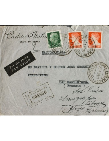 Italia. Sobre Yv . 1939. 25 cts verde y 1´75 l rojo naranja, dos sellos. Certificado de ROMA a URRUGNE (FRANCIA). Al dorso lle