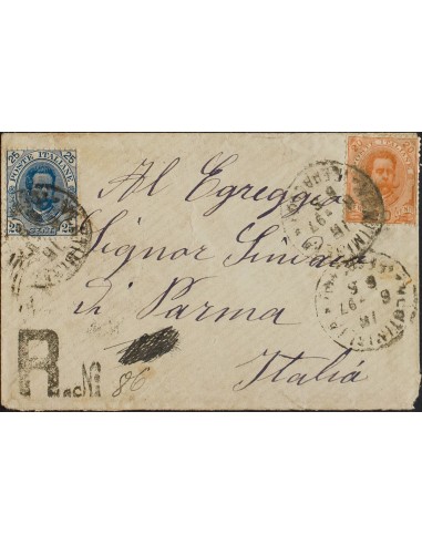 Italia. Sobre Yv 60, 61. 1897. 20 cts naranja y 25 cts azul. Certificado de VENTIMIGLIA a PARMA. BONITA.