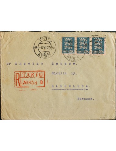 Estonia. Sobre Yv 98(2), 105(3). 1929. 2 s verde amarillo, dos sellos (al dorso) y 20 s azul, tres sellos. Certificado de TART