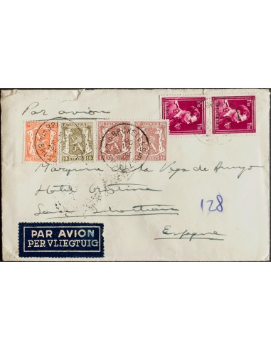 Bélgica. Sobre Yv 419, 420, 428(2), 715(2). 1946. 5 cts naranja, 10 cts oliva, 1 f castaño lila, dos sellos y 1´50 cts rosa ro