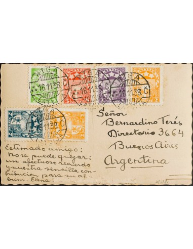 Letonia. Sobre Yv 172, 173, 174, 121, 122(2). 1938. Diversos valores. Tarjeta Postal de RIGA a BUENOS AIRES. Al dorso llegada.