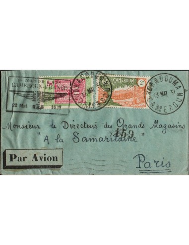 Camerún. Sobre Yv 119, 129. 1937. 50 cts verde amarillo y rosa y 2 f naranja y oliva, dos sellos (uno al dorso). Correo Aéreo