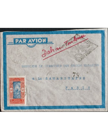 Dahomey. Sobre Yv 74. 1937. 50 cts rojo y azul. Dirigida a PARIS. En el frente marca COTE OCCIDENTALE AFRIQUE-FRANCE / AERO MA