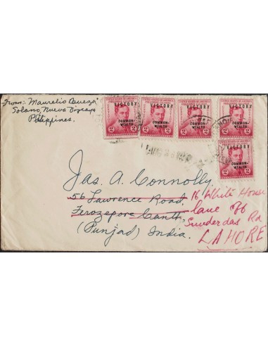 Filipinas. Sobre Yv 319H(5). 1945. 2 ctvos rosa, cinco sellos. SOLANO a FEROZEPUR (INDIA), reexpedida a LAHORE. Al dorso tráns