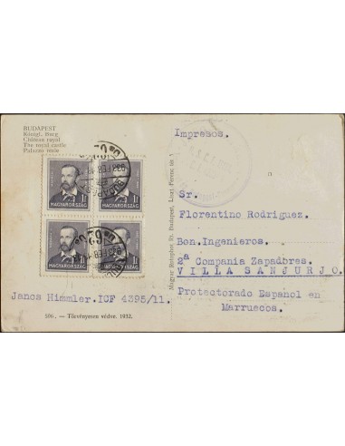 Hungría. Sobre Yv 449(5). 1933. 1 fi violeta gris, cinco sellos (uno al dorso). Tarjeta Postal de BUDAPEST a VILLA SANJURJO (M