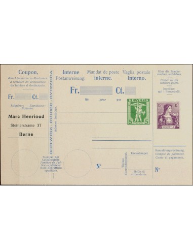 Suiza, Entero Postal. (*)Yv . 1907. 5 cts verde y 15 cts violeta, sobre Tarjeta Entero de Giro Postal. MAGNIFICA Y RARA.