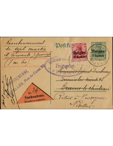 Bélgica Ocupación Alemana, Entero Postal. Sobre Yv 3. 1916. 5 cts verde sobre Tarjeta Entero Postal de NIVELLES a BRAINE LE CH