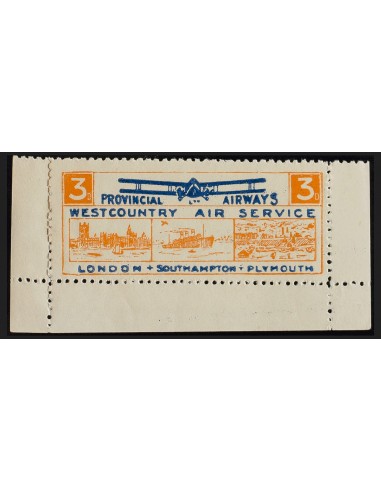 Gran Bretaña, Viñetas. *Yv . 1935. 3 p naranja y azul. PROVINCIAL AIRWAYS / WEST COUNTRY AIR SERVICE. MAGNIFICA.