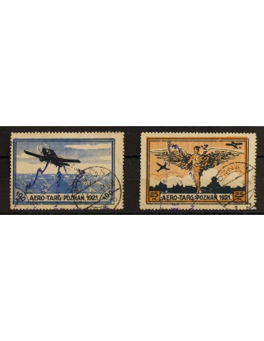 Polonia, Viñetas. ºYv . 1921. 25 m ocre y negro y 100 m azul y negro. AERO TARG-POZNAN 1921. MAGNIFICAS.