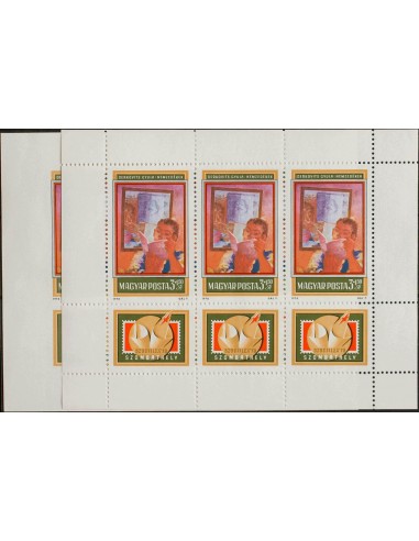 Hungría. **Yv 2600. 1978. 3 fo + 1´50 fo multicolor, dos minihojas de tres sellos. Dentada y sin dentar. MAGNIFICAS. Yvert 201