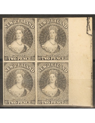 Nueva Zelanda. (*)Yv 9(4). 1858. 2 p negro, bloque de cuatro. ENSAYO DE PLANCHA y SIN DENTAR, sobre cartulina gruesa. MAGNIFIC