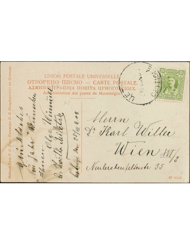 Montenegro. Sobre Yv 78. 1908. 5 p verde. Tarjeta Postal de CETTIGNE a VIENA (AUSTRIA). MAGNIFICA.