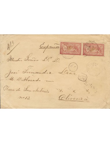 Francia. Sobre Yv 121(2). 1905. 1 f carmín y oliva, dos sellos. Certificado de PARIS a OLIVENZA (BADAJOZ). Al dorso tránsitos.