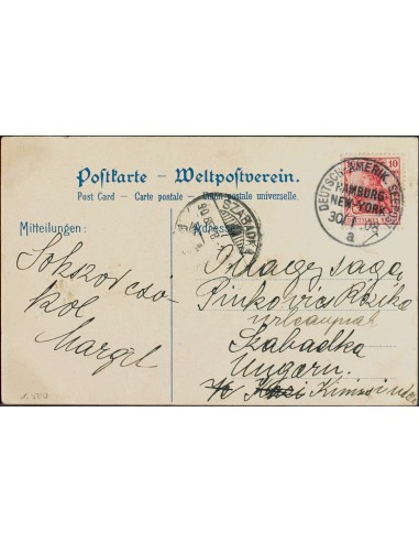 Alemania. Sobre Yv 69. 1908. 10 p rojo. Tarjeta Postal dirigida a SZABADKA (HUNGRIA). Matasello DEUTSCHAMERIK-SEE POST / HAMBU