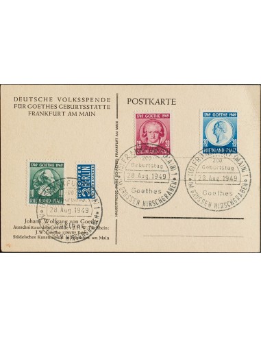Renania Palatinado. Sobre Yv 45/47. 1949. Serie completa sobre Tarjeta Postal con matasello conmemorativo. MAGNIFICA.