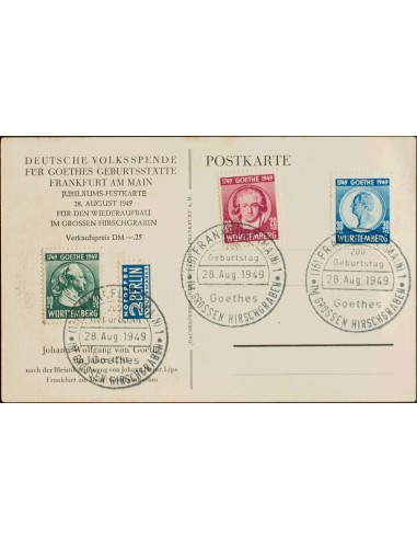Wurtemberg. Sobre Yv 46/48. 1949. Serie completa sobre tarjeta postal con matasello conmemorativo. MAGNIFICA.