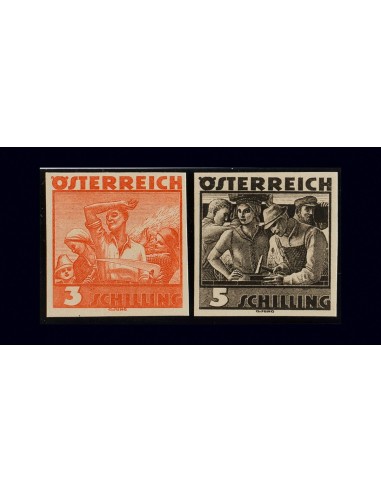 Austria. (*)Yv 482, 483. 1936. 3 s naranja y 5 s castaño negro. PRUEBAS DE COLOR (sin dentar, sobre cartulina). MAGNIFICAS.