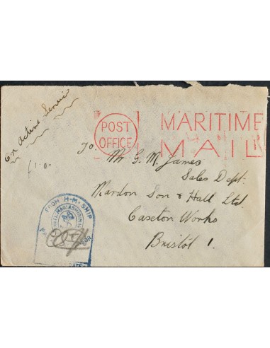 Gran Bretaña. Sobre Yv . (1930ca). Dirigida a BRISTOL. Rodillo POST / OFFICE / MARITIME / MAIL, en rojo y marca FROM H.M. SHIP